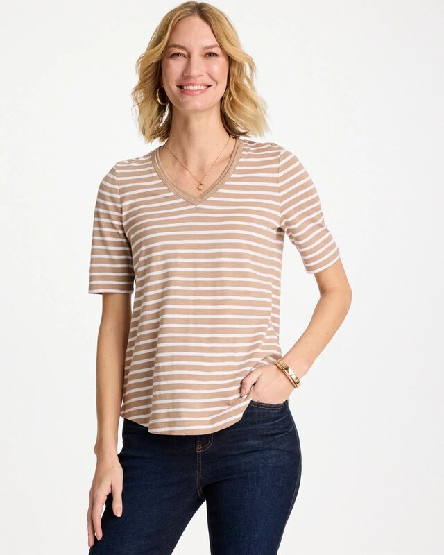 Striped Cotton Slub V-Neck Tee - image 1